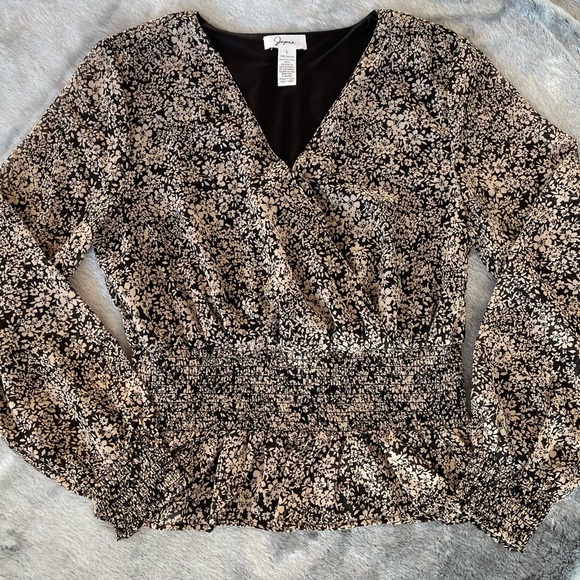 Tops - Jopna Top with Elastic Waist and Peplum Cross Front in Black and Tan Floral.